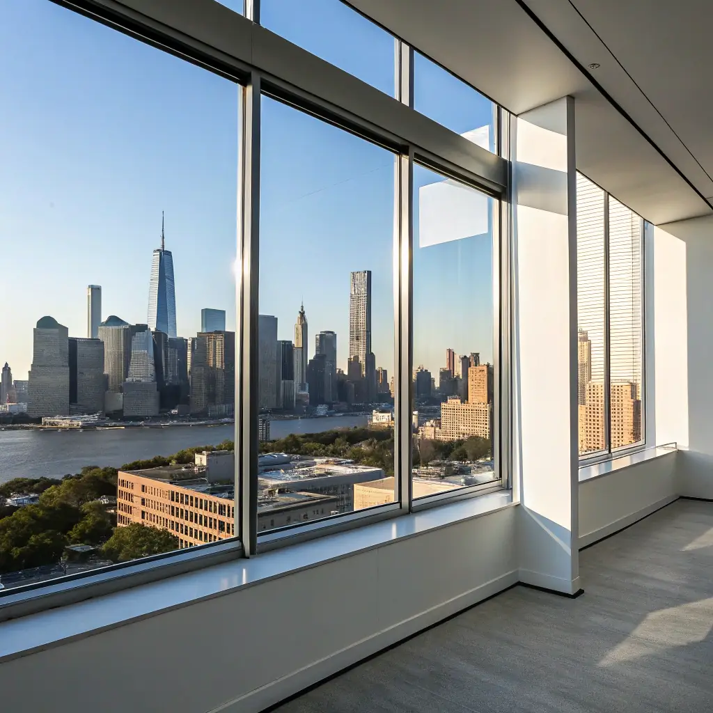 Modern building windows with NYC skyline